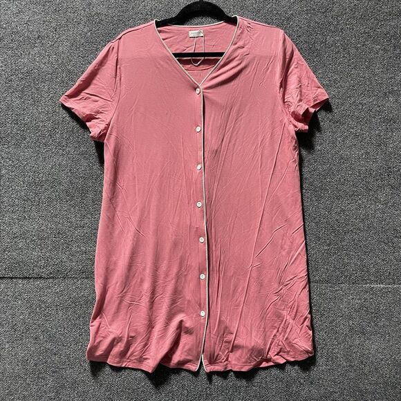 Swomog Nightgown Womens Large Pink Button Front Sleep Shirt Short Sleeve Pajama - Picture 1 of 9